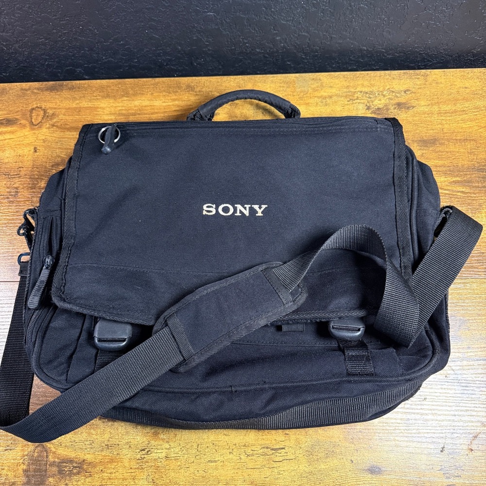 Sony Vintage Black Canvas Messenger‎ Bag Laptop Briefcase OS